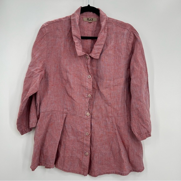 Flax Tops - Flax 100% Linen Button Down Peplum Shirt Blouse Top Heathered Pink M Pleated